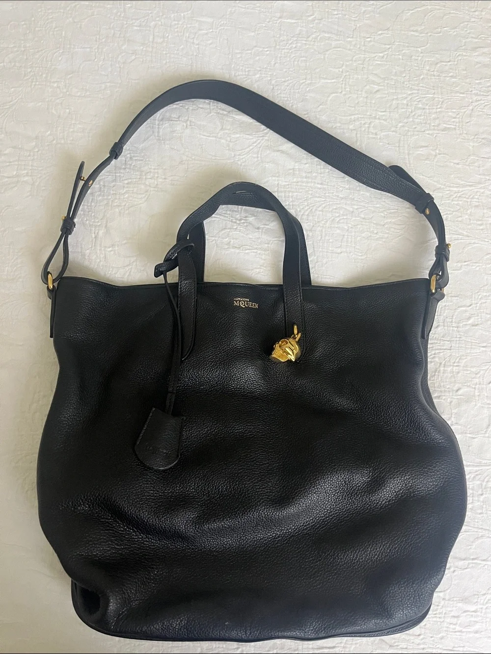 Alexander McQueen Black Pebbled Leather Tote with Gold Skull Charm